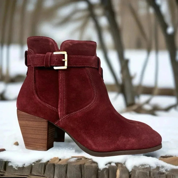 New Stitch Fix Sleek Bootie Burgundy Suede Leather Gold Buckle Heeled Boots - Picture 2 of 9